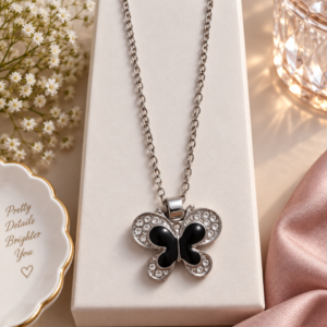 Black Butterfly Crystal Pendant Necklace