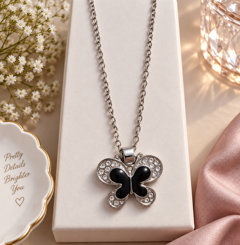 Black Butterfly Crystal Pendant Necklace