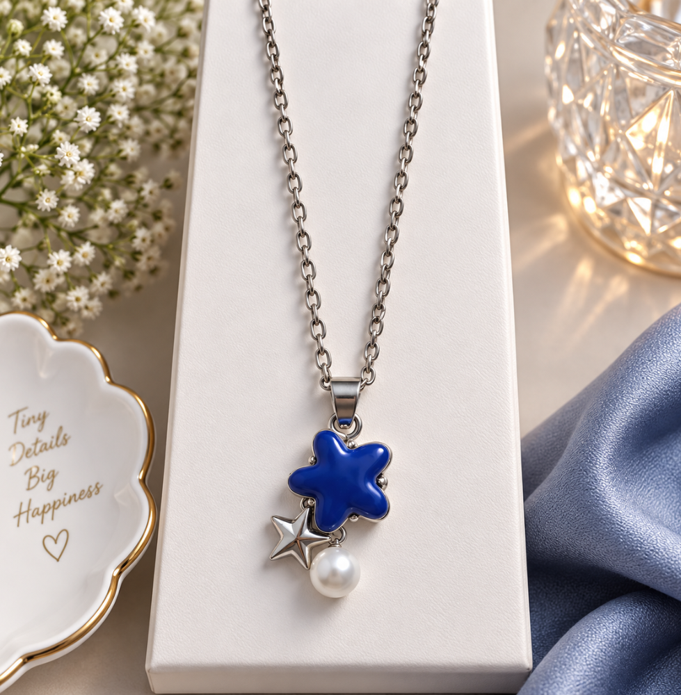 Blue Flower Star & Pearl Pendant Necklace