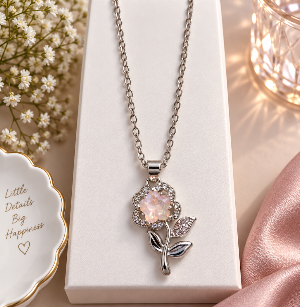 Pink Opal Floral Crystal Pendant Necklace