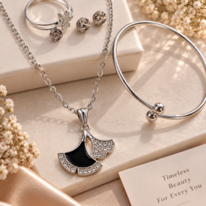 Elegant Silver Black Fan Pendant Jewellery Set – Necklace, Earrings & Bracelet