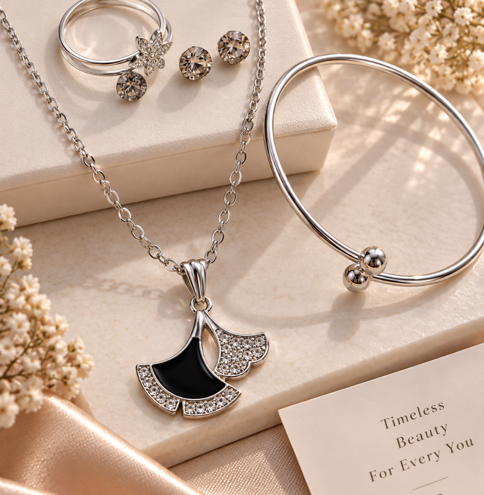 Elegant Silver Black Fan Pendant Jewellery Set – Necklace, Earrings & Bracelet