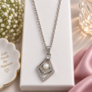 Silver Pearl Geometric Crystal Pendant Necklace