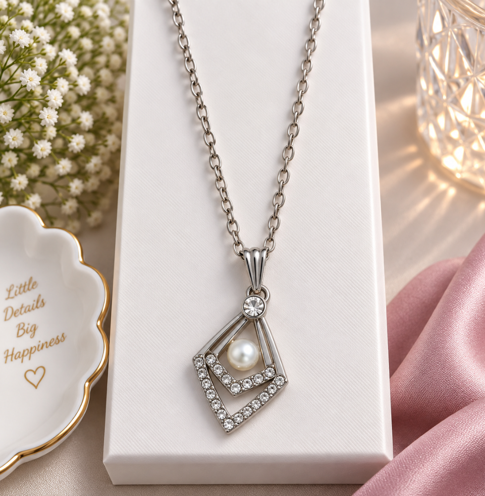 Silver Pearl Geometric Crystal Pendant Necklace