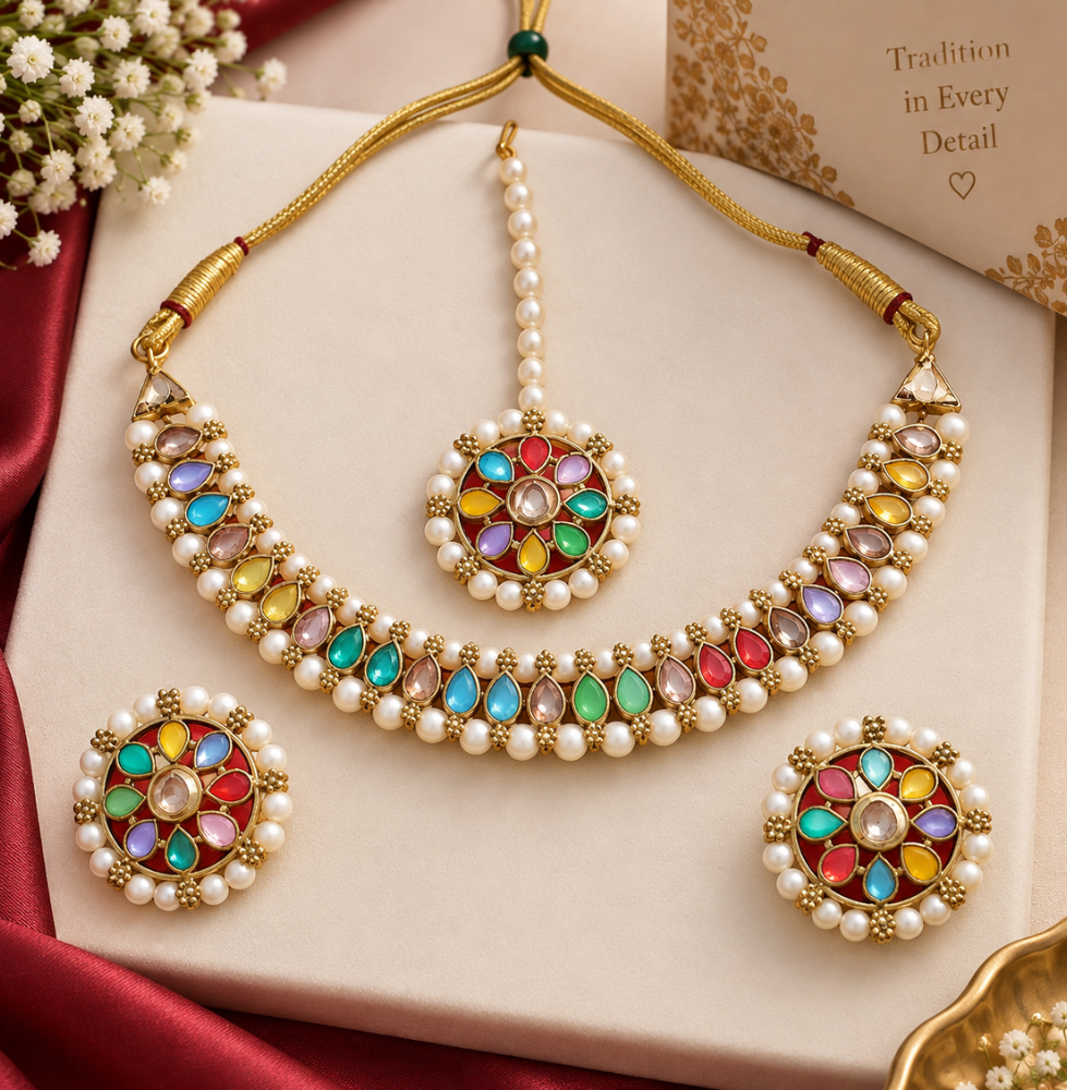 Multicolor Pearl Floral Necklace Set