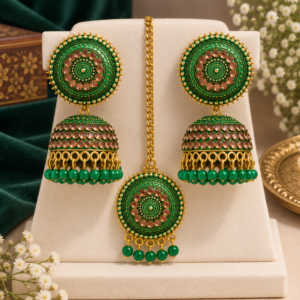 Emerald Green & Gold Jhumka Maang Tikka Set