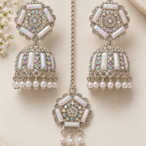 Pearl White & Silver Jhumka Maang Tikka Set