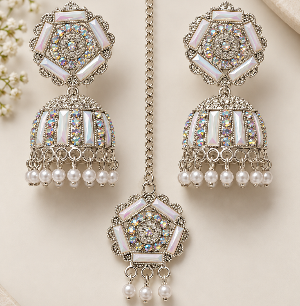 Pearl White & Silver Jhumka Maang Tikka Set