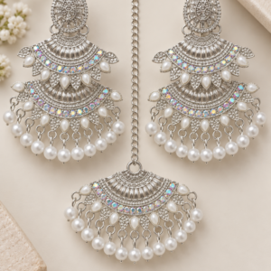 Silver Pearl Chandbali Jhumka & Maang Tikka Set