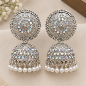 Silver Round Stud Jhumka Earrings