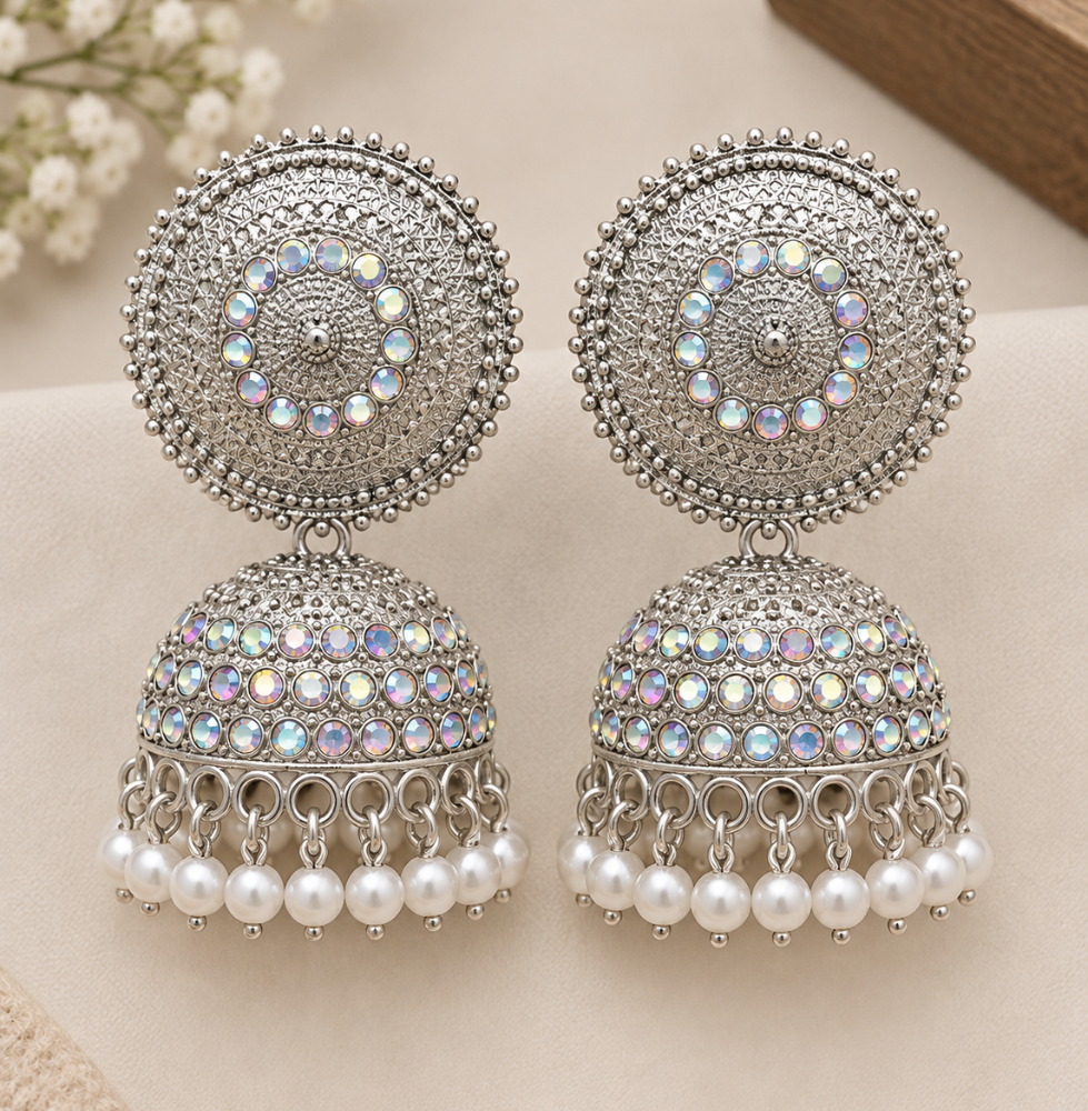 Silver Round Stud Jhumka Earrings