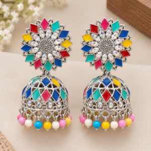 Multicolor Silver Floral Jhumka Earrings