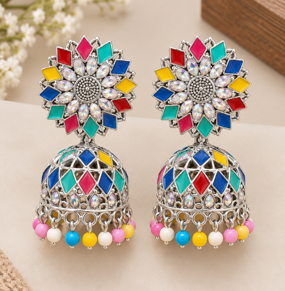 Multicolor Silver Floral Jhumka Earrings