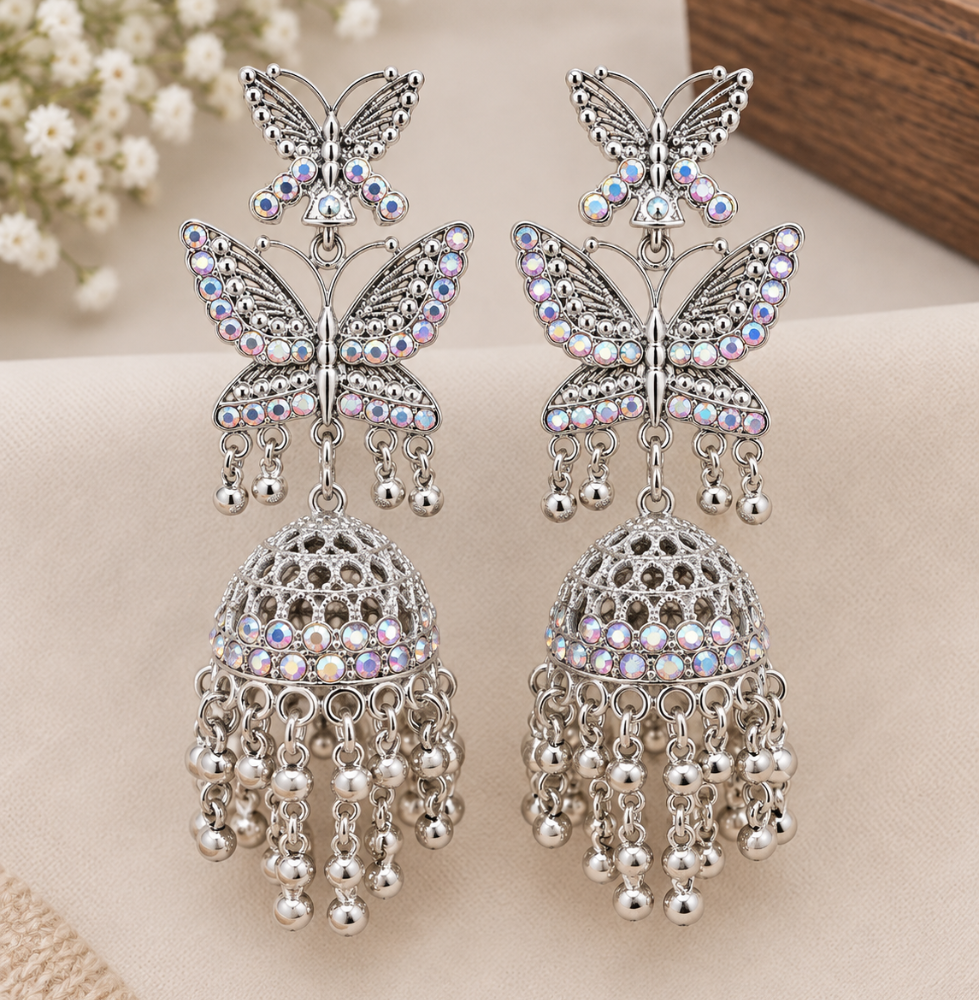 Silver Butterfly Jhumka Earrings