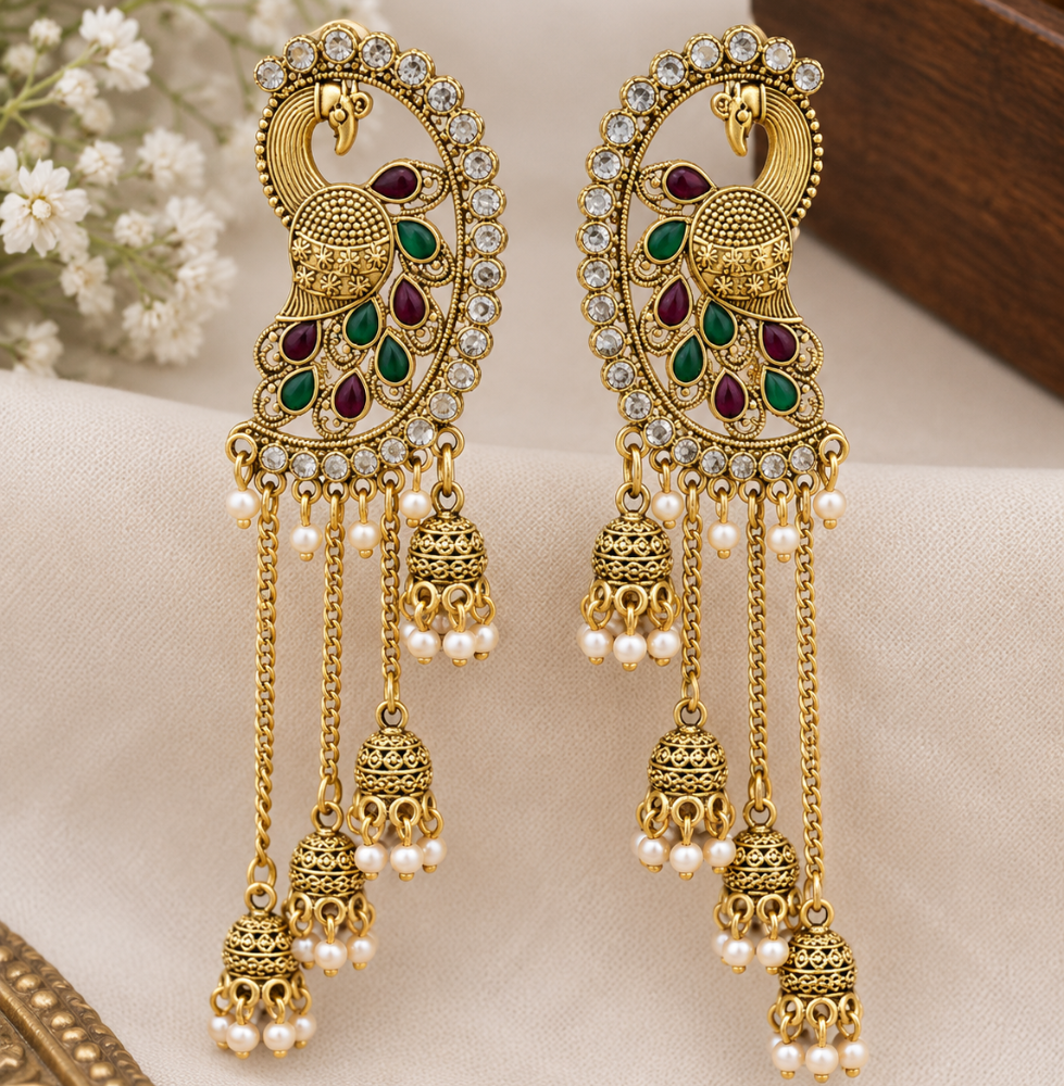Peacock Design Gold-Tone Jhumka Earrings
