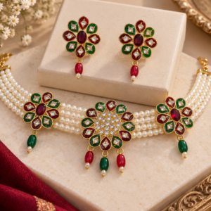 Royal Kundan Pearl Floral Jewellery Set – Necklace & Earrings