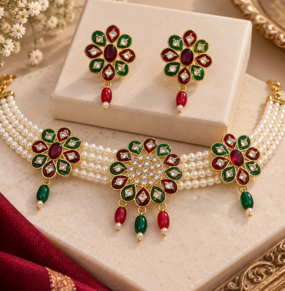 Royal Kundan Pearl Floral Jewellery Set – Necklace & Earrings