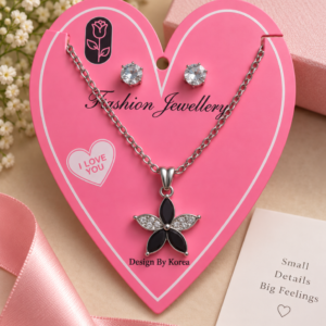 Elegant Silver Black Floral Pendant Necklace & Earrings Set