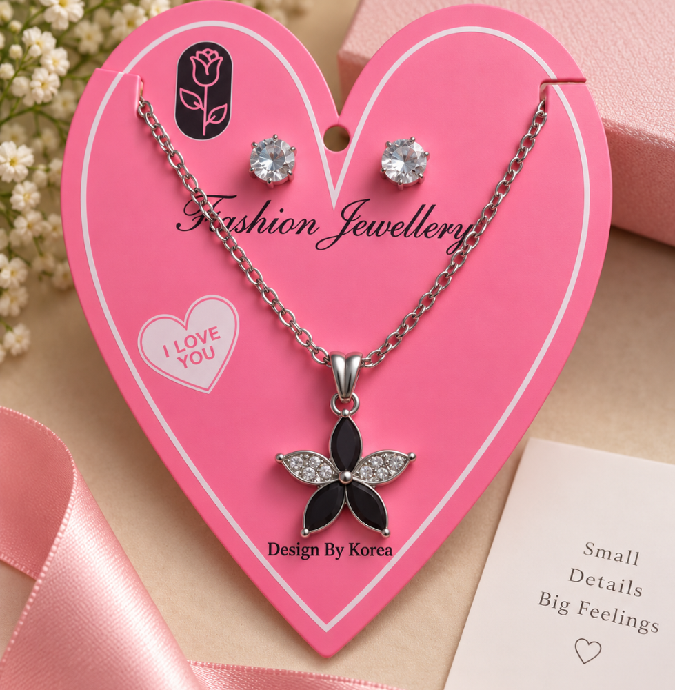 Elegant Silver Black Floral Pendant Necklace & Earrings Set
