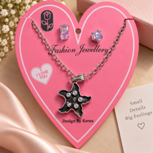 Elegant Silver Black Floral Star Pendant Necklace & Earrings Set