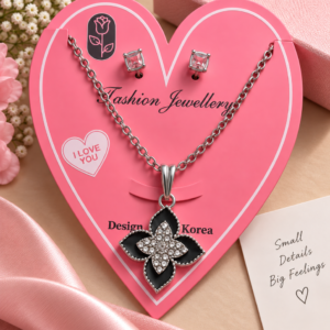 Black Floral Crystal Pendant Necklace & Stud Earrings Set