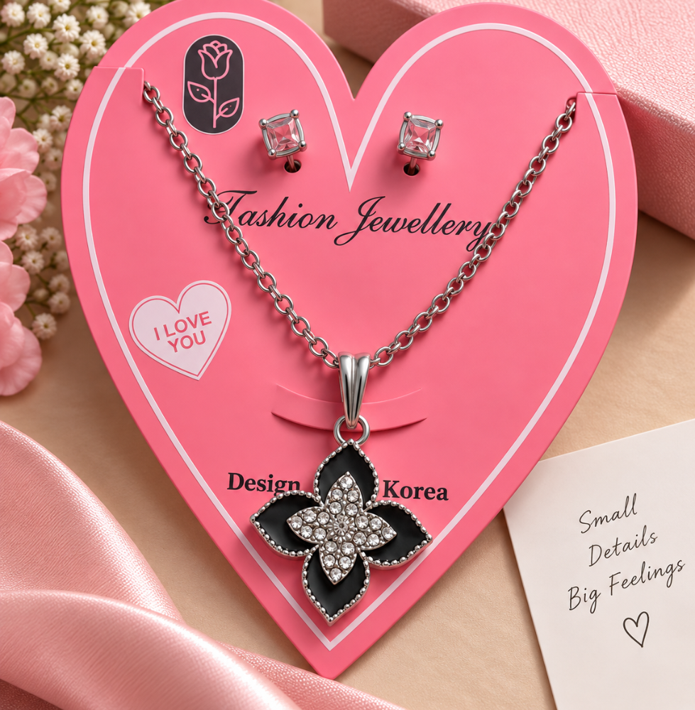 Black Floral Crystal Pendant Necklace & Stud Earrings Set