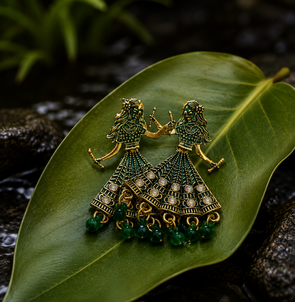 Royal Green Ethnic Gold Plated Dangle Earrings for Women