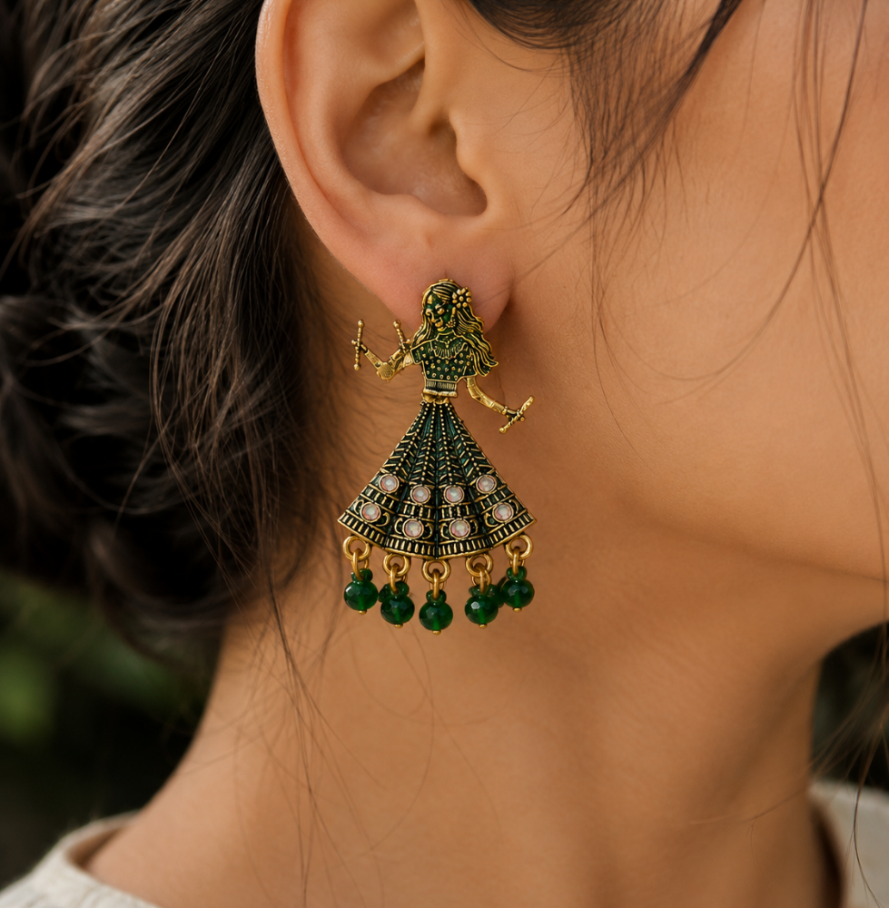 Royal Green Ethnic Gold Plated Dangle Earrings for Women - Image 2